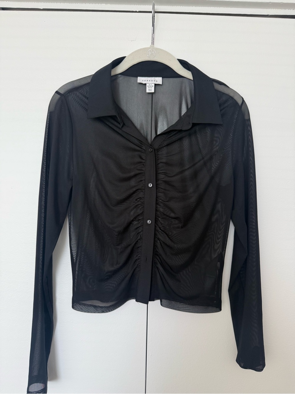 Topshop Black Sheer Ruched Button-Front Blouse